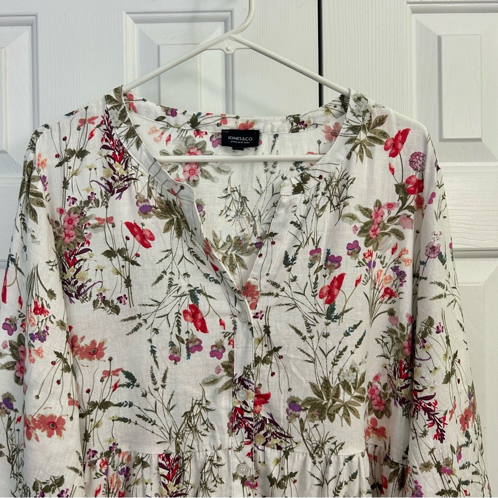 Jones NY Linen Floral High/Low Hem Roll Tab Sleeve Spring Women's Top 1X - Picture 2 of 14